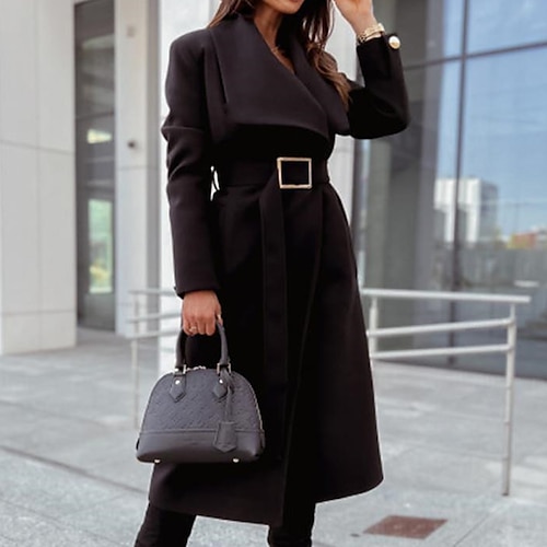 

Women's Winter Coat Warm Breathable Office Daily Wear Vacation Going out Pocket With Belt Open Front Turndown OL Style Lady Comfortable Street Style Solid Color Regular Fit Outerwear Long Sleeve