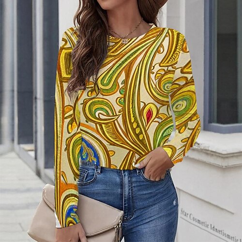 

Women's T shirt Tee Yellow Graphic Geometric Print Long Sleeve Casual Daily Vintage Round Neck Regular Geometric Painting S / 3D Print