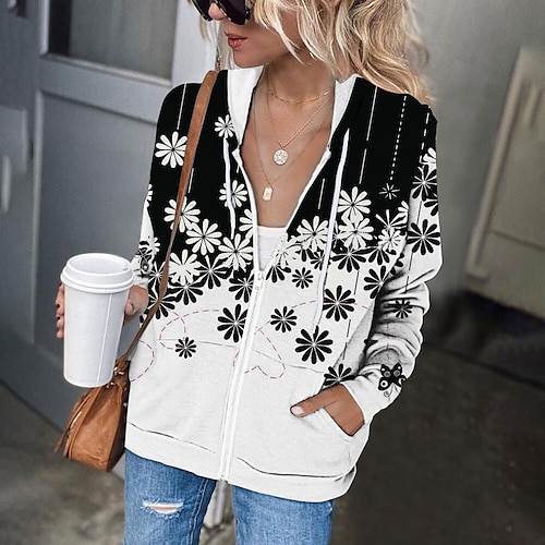 

Women's Zip Hoodie Sweatshirt Pullover Floral Cat Butterfly Print Daily Sports 3D Print Active Streetwear Clothing Apparel Hoodies Sweatshirts White Black