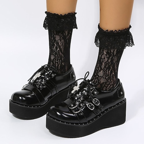 

Women's Lolita Shoes Daily Lolita Summer Wedge Heel Round Toe Vintage Casual Cowhide Lace-up Solid Colored Black White