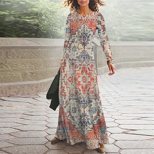 

Women's Casual Dress A Line Dress Maxi long Dress Blue Pink Long Sleeve Floral Geometric Pocket Print Fall Winter V Neck Vacation Casual 2022 S M L XL XXL 3XL