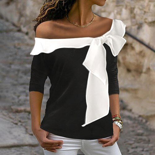 

Women's Blouse Shirt Color Block Casual Weekend Blouse Shirt Long Sleeve Ruffle Off Shoulder Off Shoulder Streetwear Black S
