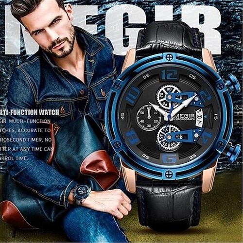 

MEGIR Men's Retro Strap Quartz Watches Top Brand Luxury Military Chronograph Watch Leather Strap Wristwatch