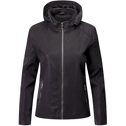 

Women's Faux Leather Jacket Windproof Warm Outdoor Daily Wear Vacation Going out Pocket Zipper Hoodie Active Sports Comfortable Street Style Solid Color Regular Fit Outerwear Long Sleeve Winter Fall