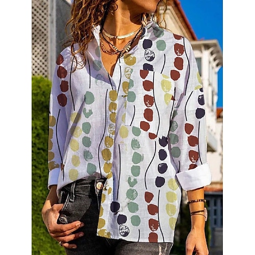 

Women's Blouse Shirt Green Blue Pink Polka Dot Pocket Print Long Sleeve Daily Weekend Streetwear Casual Shirt Collar Regular S / 3D Print