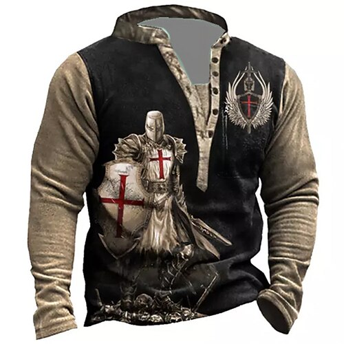 

Men's Unisex Sweatshirt Pullover Button Up Hoodie Black Standing Collar Color Block Knights Templar Graphic Prints Zipper Print Daily Sports Holiday 3D Print Streetwear Designer Casual Spring & Fall