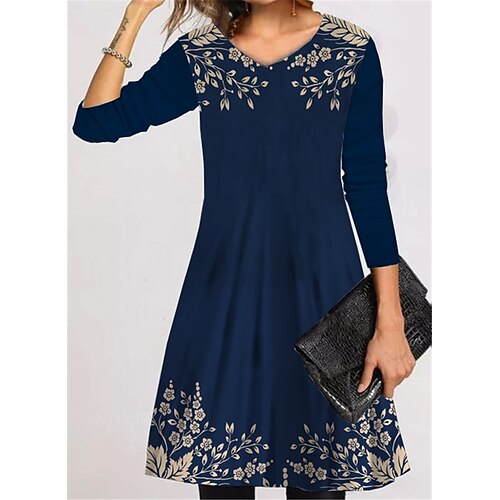 

Women's Casual Dress T Shirt Dress Tee Dress Short Mini Dress Navy Blue Long Sleeve Floral Pocket Print Fall Winter V Neck Vacation Casual 2022 S M L XL XXL 3XL