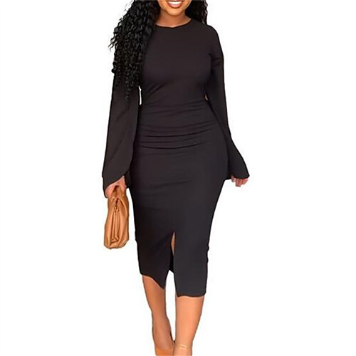 

Women's Sheath Dress Black Dress Midi Dress Green Black Blue Red Long Sleeve Pure Color Split Fall Winter Crew Neck Fashion Modern 2022 S M L XL XXL