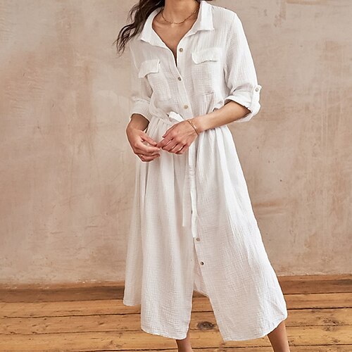 

Women's Pajamas Nightgown Nightshirt Dress Pure Color Fashion Simple Comfort Home Street Daily Cotton Breathable Lapel Half Sleeve Dress Pocket Fall Spring White Black / Pjs