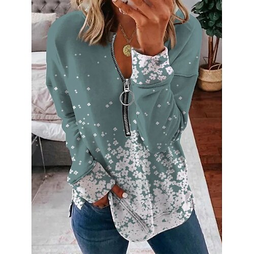 

Women's Sweatshirt Pullover V Neck Floral Quarter Zip Print Daily Weekend 3D Print Active Streetwear Clothing Apparel Hoodies Sweatshirts Green