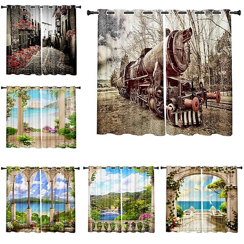 

3D Print Blackout Curtain Feather Print Curtain Drapes for Living Room Thermal Insulated Grommet Window Curtains for Bedroom 1 set / PVC Bag Natural scenery Woods Trees Tractor