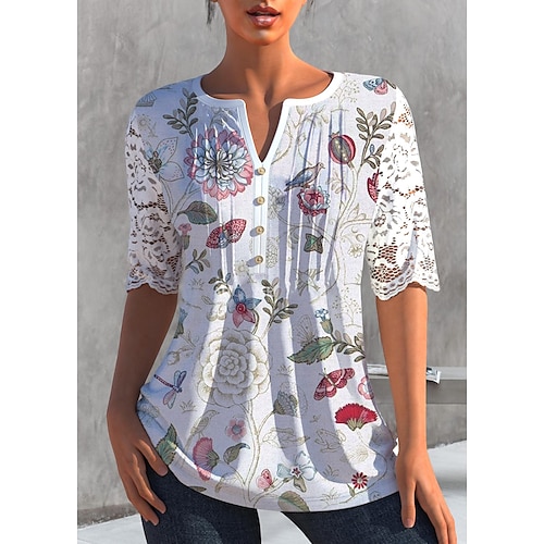 

Mulheres Camisa Social Blusa Verde Claro Rosa Vermelho Floral Botão Imprimir Manga Longa Diário Final de semana Roupa de rua Casual Decote V Padrão Tema Flores S