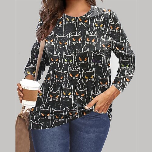 

Women's Plus Size Tops Pullover Sweatshirt Hoodie Sweatshirt Animal Cat Print Long Sleeve Crewneck Vintage Casual Halloween Halloween Daily Microfiber Fall Winter Black