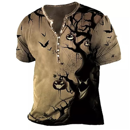 

Men's T shirt Tee Henley Shirt Tee Graphic Pumpkin Henley Brown 3D Print Plus Size Outdoor Halloween Short Sleeve Button-Down Print Clothing Apparel Basic Designer Casual Big and Tall / Summer