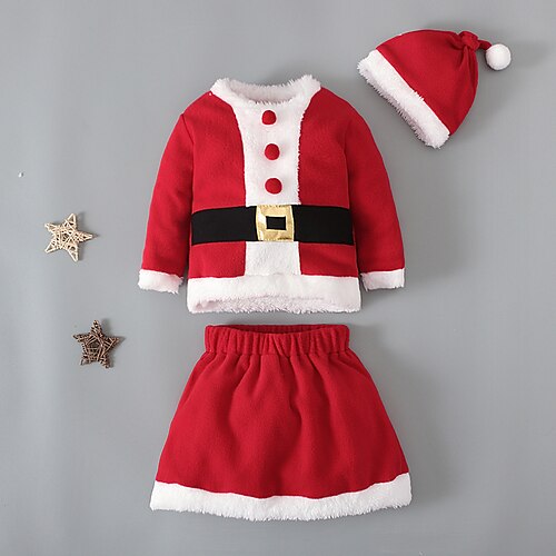 

3 Pieces Kids Girls' Ugly Christmas SkirtSet Clothing Set Outfit Solid Color Long Sleeve Cotton Set Party Active Costume Winter Fall 2-6 Years Red