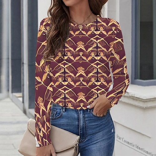 

Women's T shirt Tee Red Graphic Geometric Print Long Sleeve Casual Daily Vintage Round Neck Regular Geometric Painting S / 3D Print
