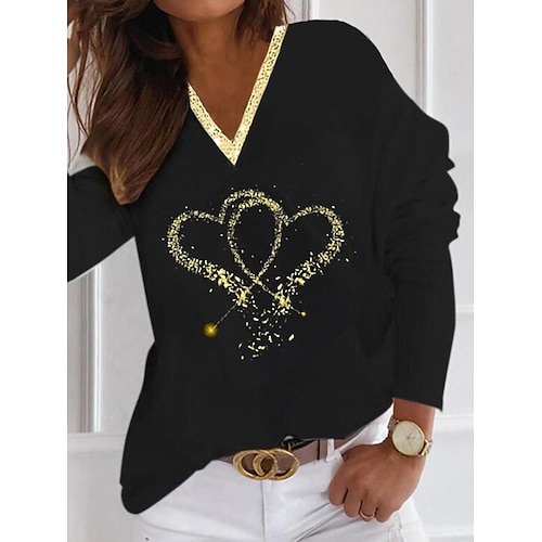 

Women's T shirt Tee Black Heart Print Long Sleeve Casual Daily Basic V Neck Regular Painting S