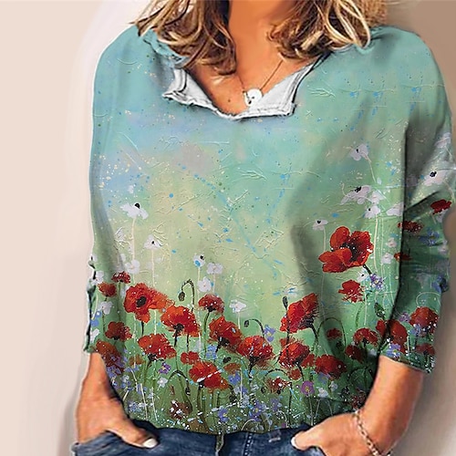 

Women's Plus Size Tops Blouse Shirt Floral Print Long Sleeve V Neck Casual Daily Vacation Polyester Fall Winter Green Gray