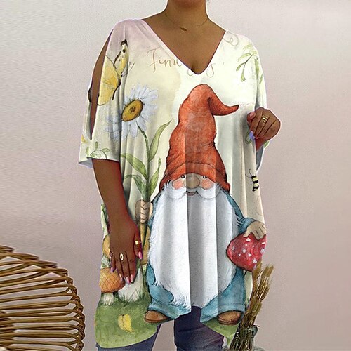 

Women's Plus Size Tops T shirt Tee Leaf Animal Print Half Sleeve V Neck Casual Festival Christmas Christmas Daily Cotton Spandex Jersey Fall Winter Blue Purple / Cat / Butterfly