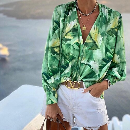 

Women's Shirt Yellow Red Green Leaf Print Long Sleeve Casual Holiday Casual Beach V Neck Regular Boho S