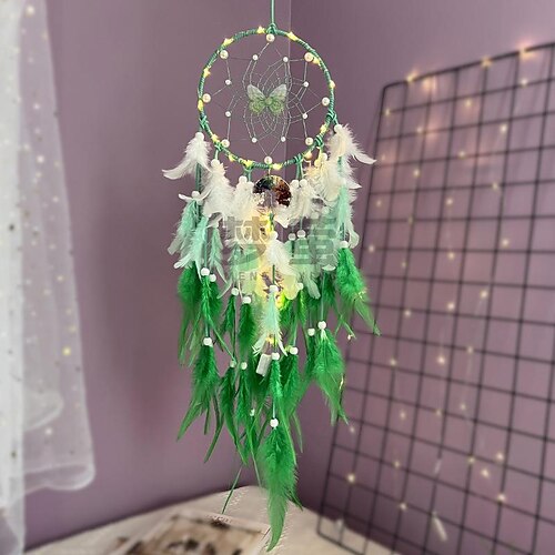 

Green Dream Catcher Butterfly Ring Handmade Gift with Green Feather Wall Hanging Decor Art Wind Chimes Boho Style Car Hanging Home Pendant