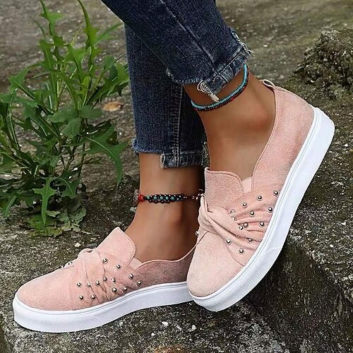 

Women's Slip-Ons Daily Plus Size Slip-on Sneakers Bowknot Beading Flat Heel Round Toe Casual Sweet Canvas Loafer Solid Colored Black Pink Beige