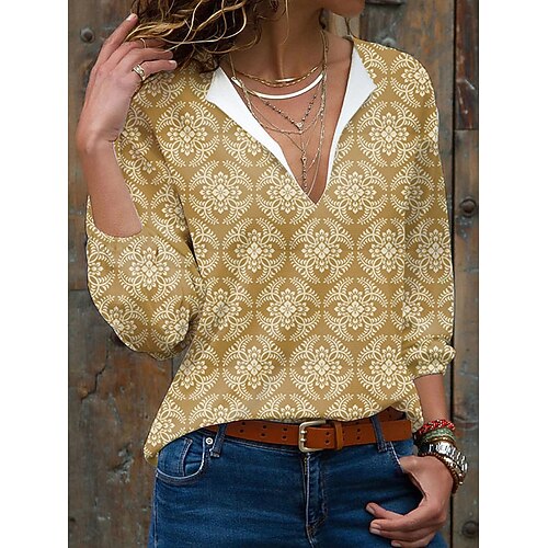 

Women's Blouse Shirt Yellow Graphic Print Long Sleeve Daily Weekend Streetwear Casual V Neck Regular S / 3D Print