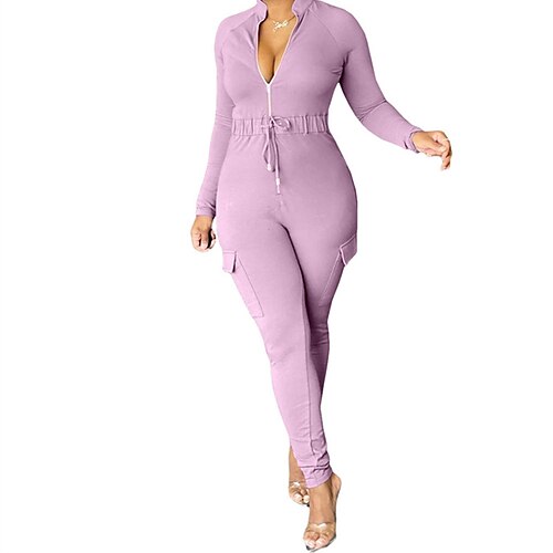 

Women's Jumpsuit Zipper Pocket Solid Color V Neck Streetwear Vacation Going out Regular Fit Long Sleeve Purple Orange Black S M L Winter