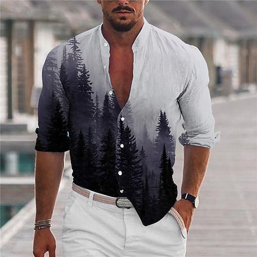 

Men's Shirt Tree Scenery Stand Collar Gray Long Sleeve 3D Print Outdoor Casual Button-Down Print Tops Fashion Designer Casual Comfortable / Sports