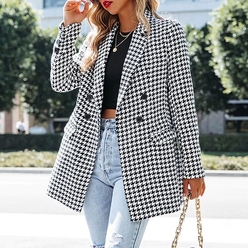 

Women's Blazer Warm Breathable Outdoor Office Work Pocket Print Double Breasted Turndown OL Style Elegant Modern Plaid Regular Fit Outerwear Long Sleeve Winter Fall Black S M L XL