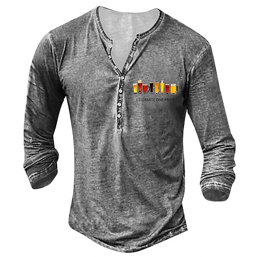 

Men's Tee Wine Glass Collarless Light gray Dark Gray Brown White Black 3D Print Street Casual Long Sleeve 3D Print Clothing Apparel Nostalgic