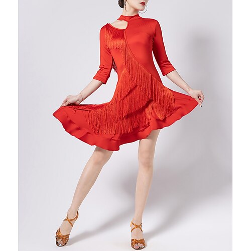 

Latin Dance Dress Tassel Hollow-out Women's Training Performance 3/4 Length Sleeve Milk Fiber