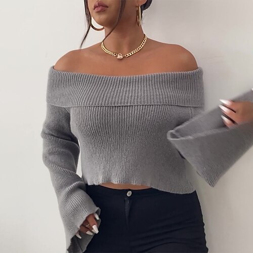 

Women's Plus Size Tops Blouse Shirt Plain Backless Long Sleeve Off Shoulder Casual Daily Going out Acrylic Fall Winter Gray