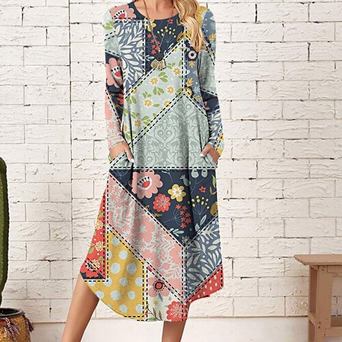 

Women's Casual Dress Shift Dress Midi Dress Black Blue Rainbow Brown Light Blue Long Sleeve Floral Pocket Print Fall Winter Round Neck Basic Casual 2022 S M L XL XXL 3XL / Cotton