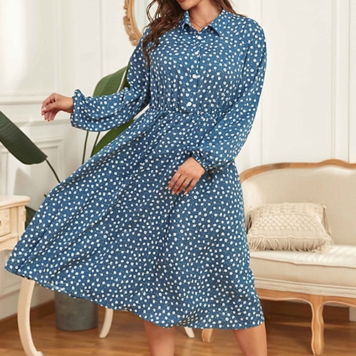 

Women's Plus Size Casual Dress Floral Shirt Collar Long Sleeve Fall Winter Casual Midi Dress Causal Daily Dress / Shirt Dress