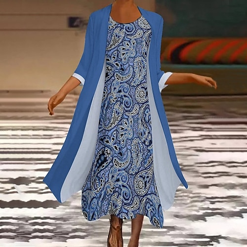 

Women's Two Piece Dress Maxi long Dress Royal Blue Long Sleeve Color Block Print Fall Winter Crew Neck Stylish Modern 2022 S M L XL XXL 3XL 4XL 5XL