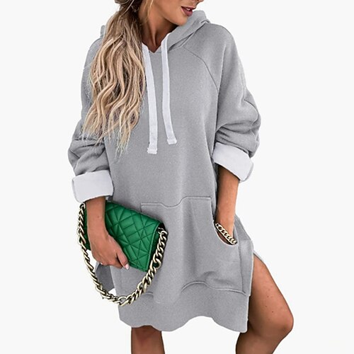 

Women's Hoodie Dress Shift Dress Short Mini Dress Green Black Khaki Light gray Dark Gray Navy Blue Long Sleeve Pure Color Pocket Split Print Fall Winter Hooded Stylish Casual Loose Fit 2022 S M L XL