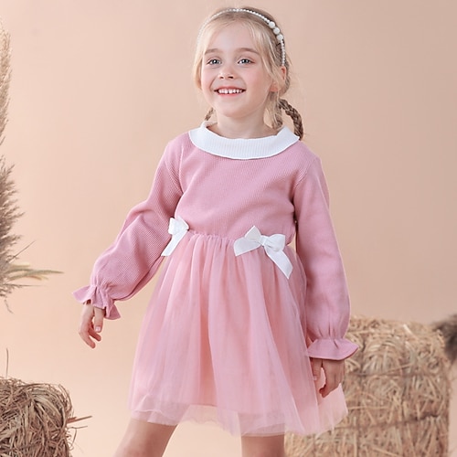 

Kids Girls' Dress Solid Colored A Line Dress Dress Daily Cotton Long Sleeve Casual Dress 2-6 Years Winter Pink
