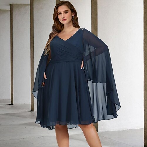 

A-Line Plus Size Curve Mother of the Bride Dresses Elegant Dress Formal Knee Length Sleeveless V Neck Chiffon with Ruched Beading 2022