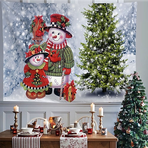 

Christmas Party Wall Tapestry Holiday Photography Background Santa Claus Snowman Reindeer Tree Gift Art Decor Blanket Curtain Hanging Home Bedroom Living Room Decoration Polyester