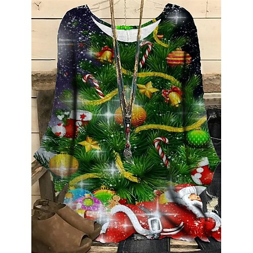 

Women's Plus Size Christmas Tops Pullover Sweatshirt Hoodie Sweatshirt Tree Deer Print Long Sleeve Crewneck Casual Daily Polyester Fall Winter Green Yellow / Sunflower