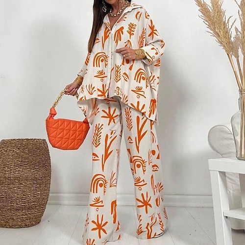 

Women's Loungewear Sets 2 Pieces Graphic Prints Comfort Home Polyester Lapel Winter Fall Green Orange