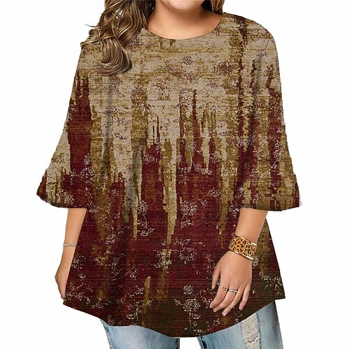 

Women's Plus Size Tops Blouse Shirt Graphic Print 3/4 Length Sleeve Crewneck Casual Daily Holiday Cotton Spandex Jersey Fall Winter Yellow Wine