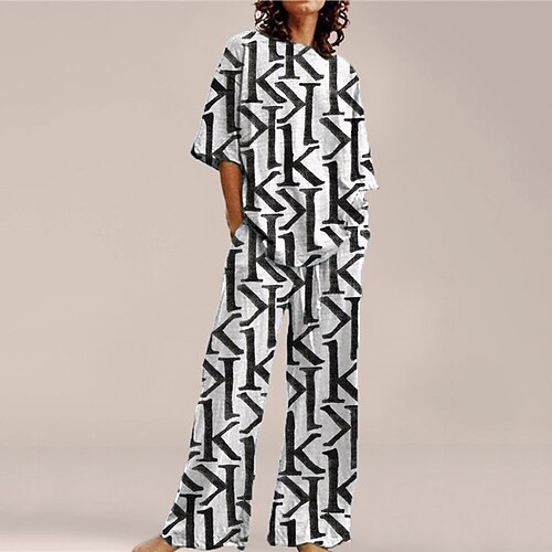 

Women's Loungewear Sets 2 Pieces Letter Fashion Comfort Home Street Cotton Spandex Jersey Crew Neck Short Sleeve T shirt Tee Pant Winter Fall Black