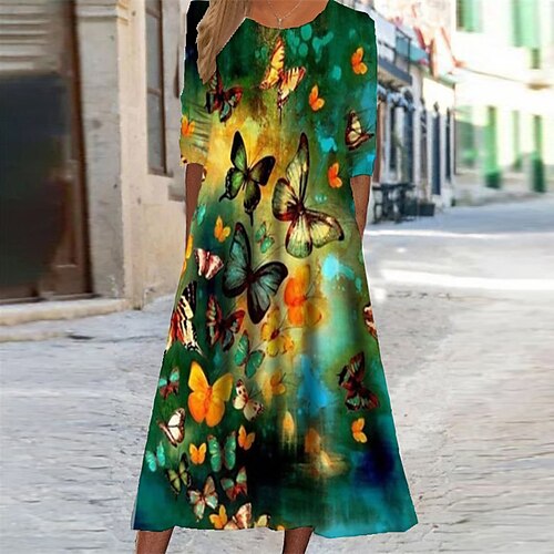 

Women's Casual Dress Swing Dress Midi Dress Midi Dress Green Blue Half Sleeve Animal Pocket Winter Fall Autumn Round Neck Vacation Winter Dress Fall Dress 2022 S M L XL XXL 3XL