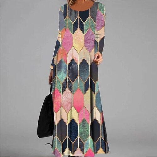 

Women's Casual Dress Swing Dress Long Dress Maxi Dress Rainbow Long Sleeve Geometric Pocket Winter Fall Autumn V Neck Winter Dress Fall Dress 2022 S M L XL XXL 3XL