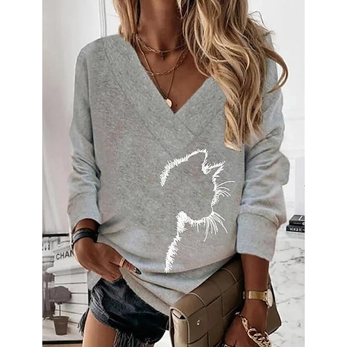 

Women's T shirt Tee Light gray Dark Gray Brown Cat Print Long Sleeve Daily Weekend Basic V Neck Regular Cat Painting S
