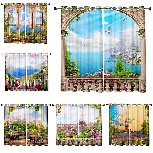 

3D Print Blackout Curtain Feather Print Curtain Drapes for Living Room Thermal Insulated Grommet Window Curtains for Bedroom 1 set / PVC Bag Natural scenery Woods Trees Towers
