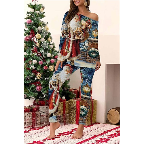 

Women's ChristmasPjs Pajamas Sets 2 Pieces Santa Claus Comfort Soft Home Bed Cotton Spandex Jersey Long Sleeve T shirt Tee Pant Elastic Waist Winter Fall Blue Purple