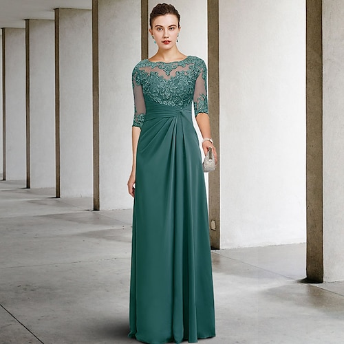 

Sheath / Column Mother of the Bride Dress Plus Size Elegant Jewel Neck Floor Length Chiffon Lace Short Sleeve with Appliques Side-Draped 2022